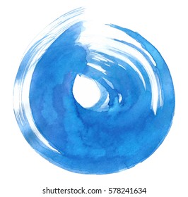 Blue watercolor circular texture. Artistic circle background. Blue painted wave