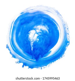 Blue watercolor circular texture. Blue painted wave. Artistic circle background
