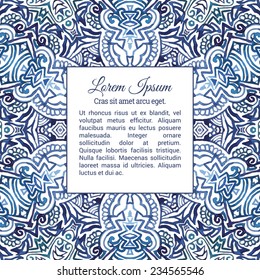 Blue watercolor doodle decorative pattern. Square frame