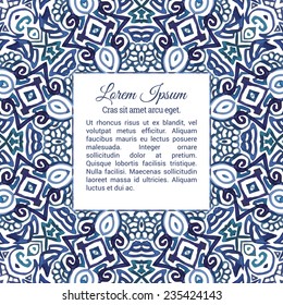 Blue watercolor doodle decorative pattern. Square frame