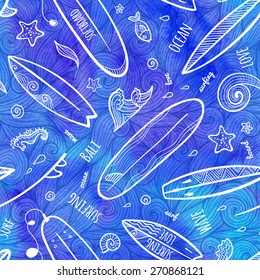 Blue watercolor doodle surfing boards vector seamless pattern