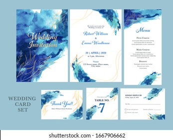 Blue Watercolor Effect Wedding Invitation, Menu Detail, Thank You, Table Number and RSVP Card.