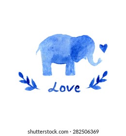 Blue watercolor elephant in love. Sweet postcard design. Background with elephant. Kids party card. Lovely animal. sweet elephant. vintage animal.