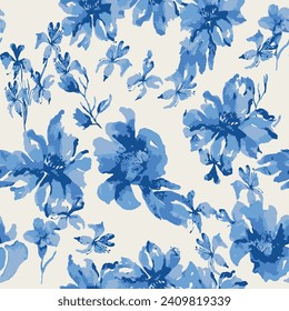 Blue watercolor floral seamless pattern in a la prima style, watercolor roses - flowers, twigs, leaves, buds. Hand-painted vintage floral illustration isolated on a white background