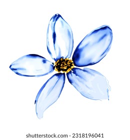 Blue watercolor flower head close up, vector, isolated on white background