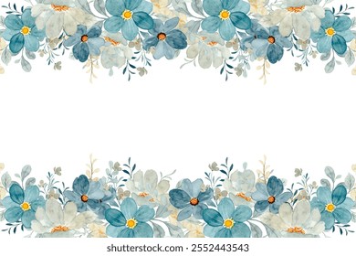 blue watercolor flowers background for design. Floral border frame card template.
