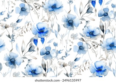 blue watercolor flowers delicate airy transparent seamless pattern