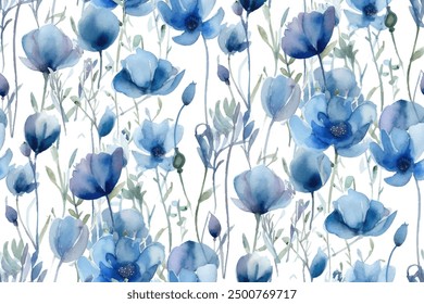 blue watercolor flowers delicate airy transparent seamless pattern