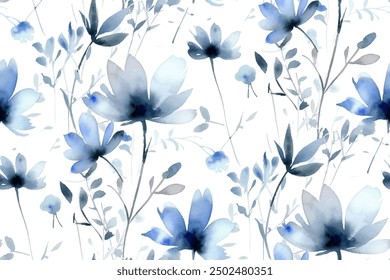 blue watercolor flowers delicate airy transparent seamless pattern