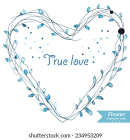 Blue watercolor flowers frame template .Wedding illustration of heart.Branch with blue flowers. Birthday card.Save The Date card with flowers and leaves in gentle tones. Beautiful floral background 