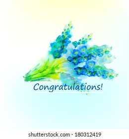 blue watercolor flowers. Greeting Card. Vector 