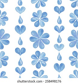 Blue watercolor flowers with hearts and drops seamless pattern - vector