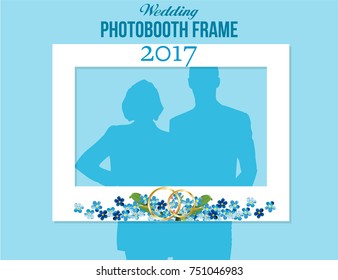 Blue Watercolor Flowers Photobooth Wedding Frame For Groom And Bride. White Vector Template With Golden Rings .