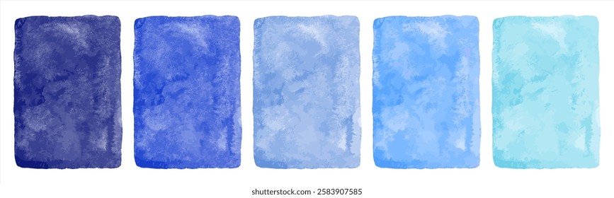 Blue watercolor hand drawn backgrounds vector set, collection. Sky cobalt azure navy blueberry dark light blue. Watercolour texture with aquarelle stains. Painted rectangle water aquatic sea templates