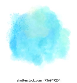 Blue watercolor hand drawn isolated wash spot on white background for text design, web. Abstract cold color brush paint paper grain texture. Sample element for wallpaper, label. Vector illustration.