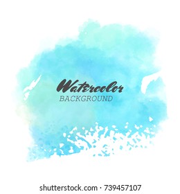 Blue watercolor hand drawn isolated wash spot on white background for text design, web. Abstract cold color brush paint paper grain texture. Sample element for wallpaper, label. Vector illustration.