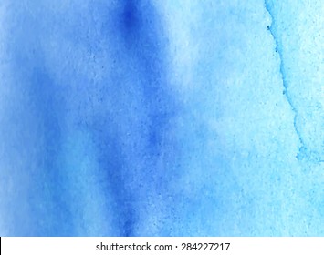 Blue Watercolor Hand Drawn Macro Paper Grain Texture. Wet Brush Painted Smudges And Stains Abstract Vector Illustration. Water Wash Background. Artistic Design Card, Banner, Template, Print, Cover