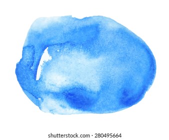 Blue watercolor hand drawn paper texture isolated spot on white background. Wet brush painted smudges abstract vector illustration. Water drop design element for banner, print, scrapbook, template