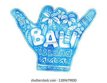 Blue watercolor hang loose shaka hand silhouette with white lettering Bali island inside. Vector doodle style surfing symbol.