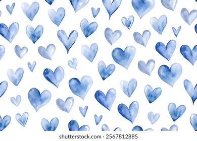 Blue watercolor hearts, soft pastel tones, seamless pattern design, romantic decor, artistic background, love theme.