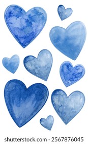 Blue watercolor hearts, soft textures, artistic design, romantic elements, decorative illustrations, creative backgrounds.