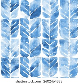 Blue watercolor leaf shapes on a white background. Leave vector illustration. Watercolor print in rustic vintage style, textile or wallpapers.