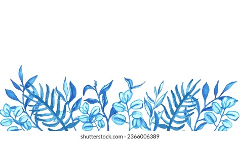 Blue watercolor leaves horizontal frame for card or invitations.Hand drawn greenery bouquet, vector isolated illustration