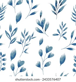 Blue Watercolor Leaves Seamless Pattern