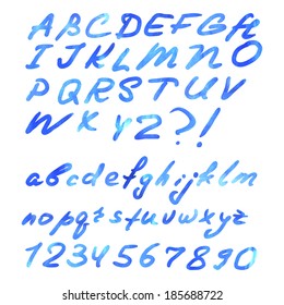 Blue watercolor letter isolated, white background