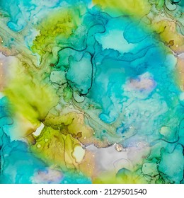 Blue Watercolor Marble. Golden Alcohol Ink Canvas. Vector Seamless Repeat. Metal Watercolor Background. Gold Art Paint. Foil Gradient Background. Vector Seamless Template. Green Marble Watercolor.