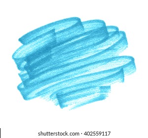 Blue watercolor marker hand drawn curl strokes isolated vector spot on white background for decoration, design. Abstract sea wet brush paint shape paper grain texture element for banner, template, web