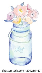 Blue Watercolor Mason Jar With Painted Flower Bouquet