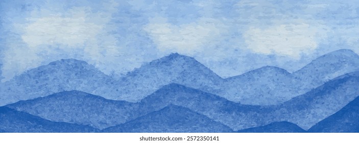 Blue Watercolor Mountain Landscape Art. Abstract watercolor artwork depicting serene blue mountain layers with a soft, cloudy sky, creating a tranquil and artistic design