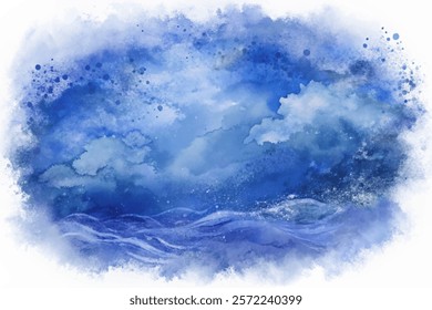 Blue watercolor ocean, soft clouds, abstract waves, serene atmosphere, artistic background, calming design.