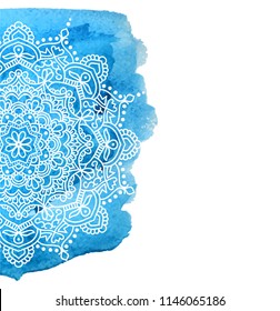 Blue watercolor paint background with white hand drawn round doodles and mandalas. design of backdrop