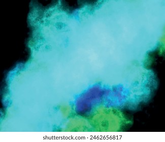 Blue watercolor paint backgrounds. Colorful ink water color bleed, fringe, vibrant distressed grunge texture. Abstract light blue green powder splatted clouds. Powder explosion on black dust explode