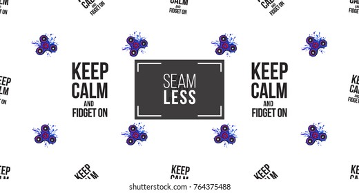 Blue watercolor paint splash fidget spinner and keep calm and fidget on text. Vector hand drawn fashion illustration on white background in watercolor style. Seamless pattern design.