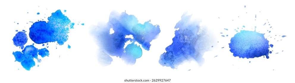 Blue watercolor paint splatter stains set - bright azure cobalt indigo shades, abstract uneven splash shapes, dynamic fluid ink blobs. Artistic backdrop decoration, vivid liquid color splashes.