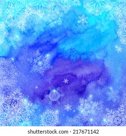 Blue watercolor painted vector Christmas winter background
