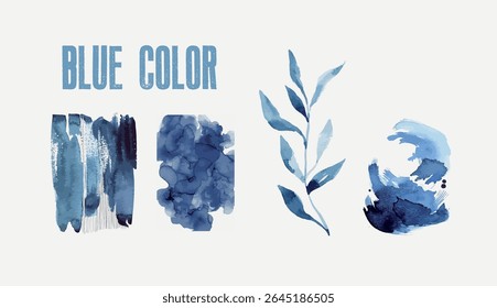 Blue watercolor paints. Blue branch, brush strokes and blue color text. Waves of the sea