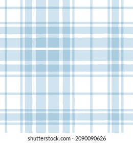 Blue watercolor plaid pattern. stripes gingham seamless tartan texture, spring picnic table cloth, plaid. vector checkered summer paint brush strokes.