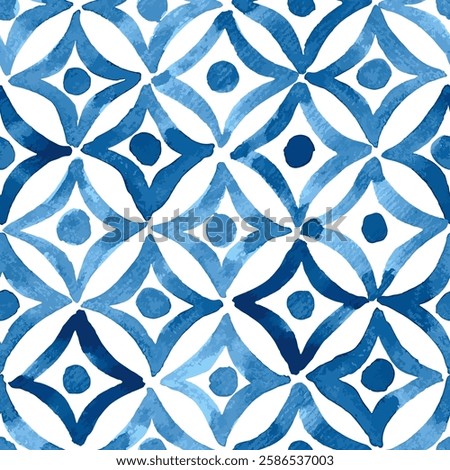 Blue watercolor rhombuses diagonal background. Seamless vector pattern