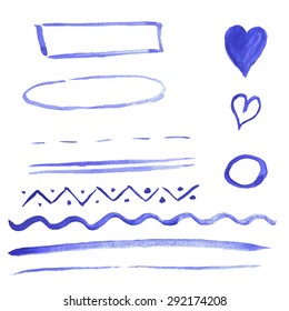 Blue watercolor scribbles, strokes and elements