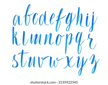 Blue watercolor script alphabet, handwritten brush letters.