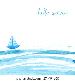 Blue watercolor sea with ship and text hello summer. Artistic vector background.