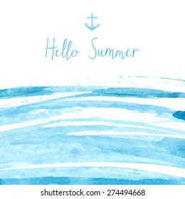 Blue watercolor sea texture with text hello summer. Artistic vector background.
