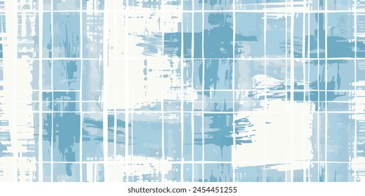 Blue watercolor seamless pattern Gingham Scott Tartan Plaid Buffalo Check Tile Stripe ,Subtle halftone patern. Geometric texture. Faded design for prints. 
