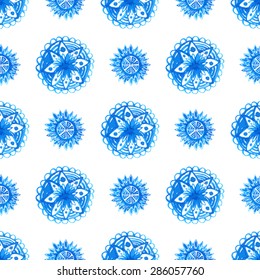 Blue watercolor seamless pattern with round hand drawn mandala. Tribal vector background