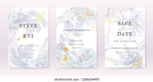 Blue Watercolor Set Vector Background. Flower Wedding Abstract Design. Gold Luxury Spray on Watercolor Marble Texture. Pastel Cold Tones Minimal Style. Art For Prints and Invitations Cards.