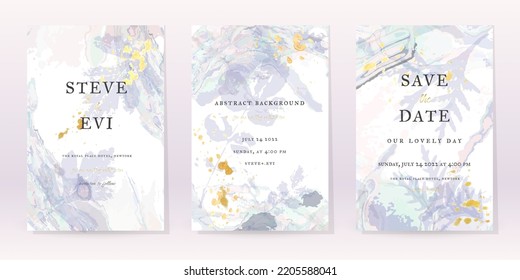 Blue Watercolor Set Vector Background. Flower Wedding Abstract Design. Gold Luxury Spray on Watercolor Marble Texture. Pastel Cold Tones Minimal Style. Art For Prints and Invitations Cards.